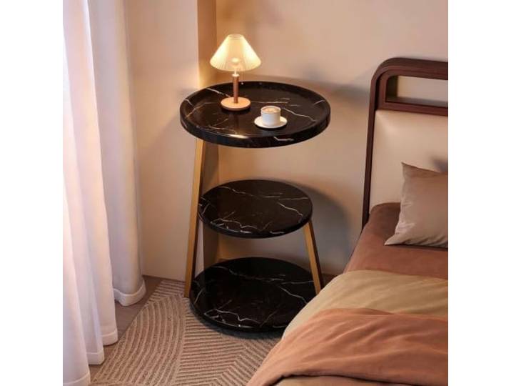 Runder Beistelltisch aus Massivholz mit 3 Ebenen und Offenen Ablagen Petite table basse compacte avec trois niveaux de rangement ouvert pour salon, chambre, canapé, lit et petits espaces