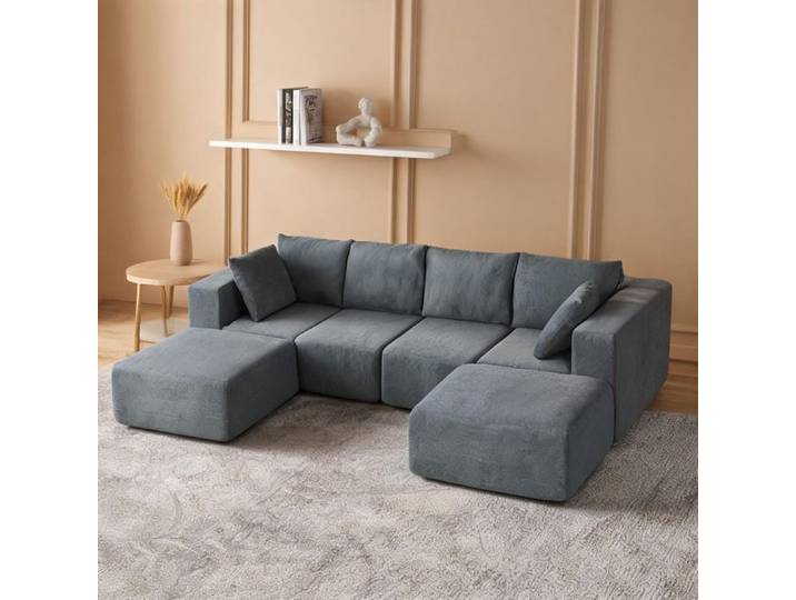 Divano angolare modulare 6 modules en velours effet configurable en L U ou lit 2 places 294 x 165 x 70 cm