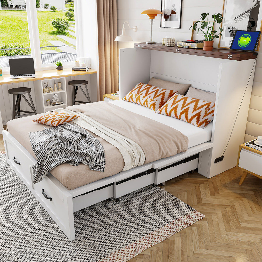 Rebrilliant European Double (140 x 200 cm) Murphy Bed White 111cm H X 206cm W X 145cm L