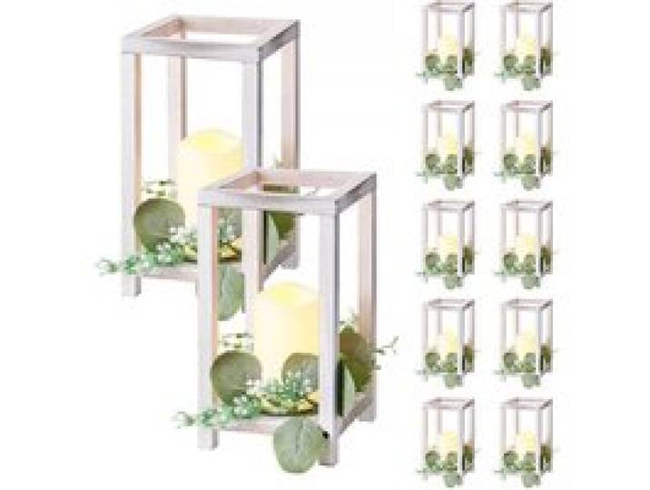 VEVOR 12er-Set, Holzlaternen, inkl. 12x Kerzenhaltern aus Holzlaternen, 12x flammenlosen LED-Kerzen, 12x Eukalyptusblätter-Kranz für Hochzeitstisch, Party, Bauernhaus-Dekoration, Weiß