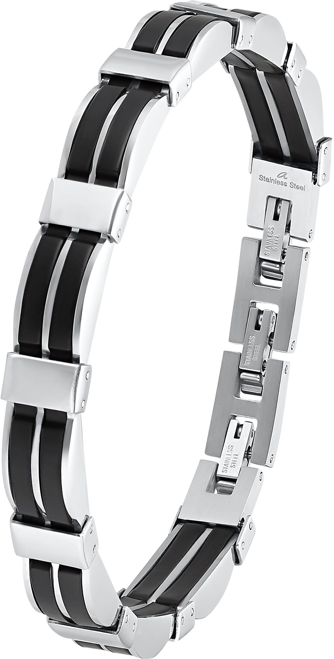 Armband AMOR "9342433", schwarz (edelstahlfarben, schwarz), Armbänder, Herren, 23cm, Edelstahl Kautschuk, Edelstahl, Kautschuk, Armband edelstahlfarben, schwarz 23cm, Edelstahl Kautschuk