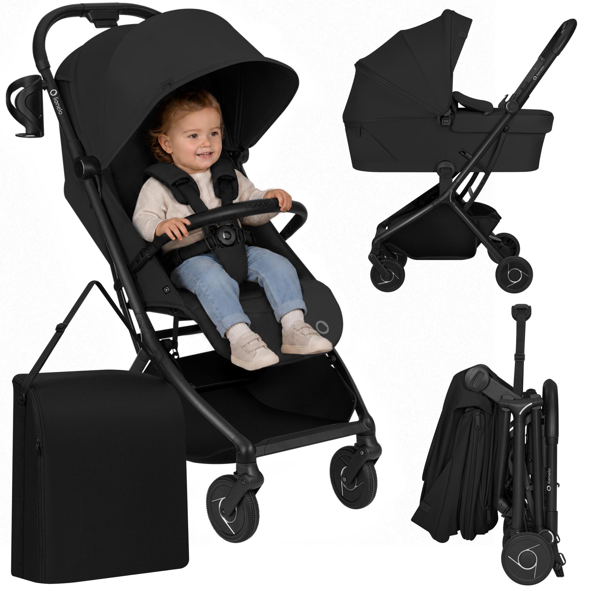 Lionelo Sia Flex 2in1 Kinderwagen mit Babywanne & Sportwagen, Kabinenkinderwagen, leicht, kompakt, bis 22 kg - Schwarz