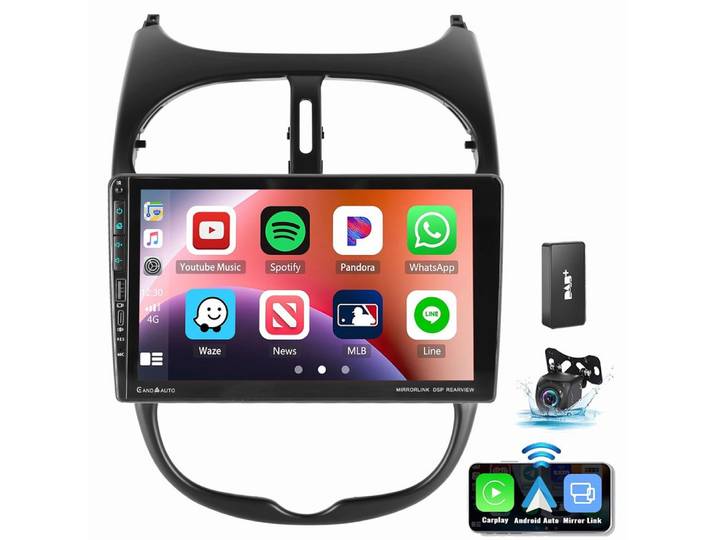 ESSGOO Für Peugeot 206/206CC 2002-2010 Android 15 GPS WIFI Type-C USB Autoradio (RDS, Digitalradio (DAB), FM, AM, Carplay Android Auto Bluetooth EQ USB WIFI Touchscreen SWC)