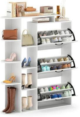 Costway Shoe Cabinet with Open Shelves Modern Shoe Organizer with 3 Flip Drawers-White