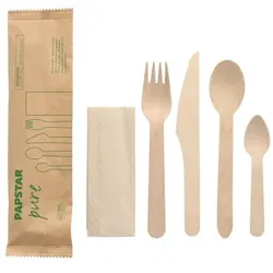 Papstar 50 Bestecksets Holz `pure` : Messer, Gabel, Löffel, Kaffeelöffel, Serviette in Papierbeutel