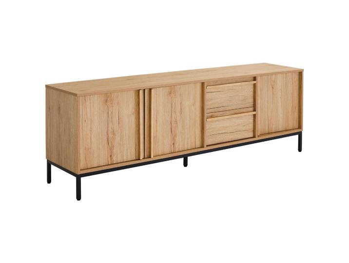Xora Lowboard, Eichefarben, Metall, Holzwerkstoff, Kautschukholz, vollmassiv, 3 Fächer, 2 Schublade(n) Schubladen, 180x60.5x40 cm, ISO 9001, Reach, Bsci, DIN EN ISO 14001, FSC Mix, Beimöbel erhältlich, Wohnzimmer, TV Möbel, Lowboards