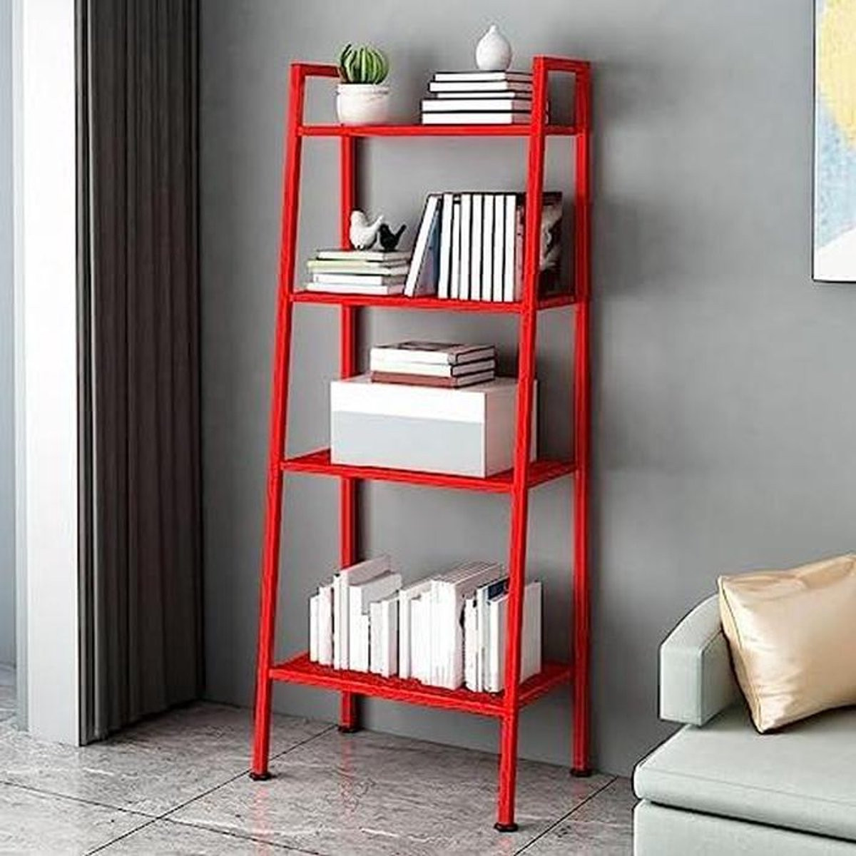 Rode Ladder Boekenkast - Trapeziumvormig Staand Opbergrek - Hoogte: 148 cm