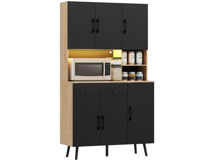 HOMCOM Alacena de Cocina con Luces LED RGB con 6 Puertas 2 Cajones Encimera y Orificio para Cables 100x40x176 cm Negro y Roble
