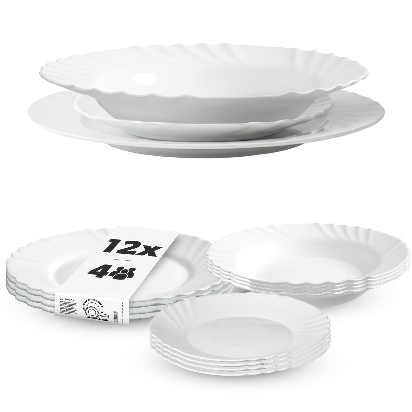 KADAX Serviesset van opaalglas, 12-delig, wit, voor 4 personen met soepborden, dessertborden en dinerborden