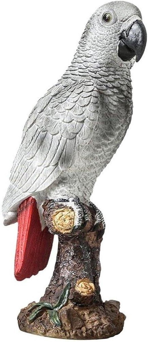 Grijs Hars Papegaai Beeld - Vogel Sculptuur voor Huisdecoratie - Hoogte: 32 cm