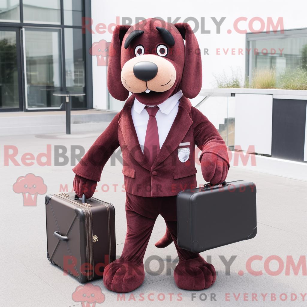 Maskottchen REDBROKOLY eines kastanienbraunen Hundes mit Blazer und Aktentasche