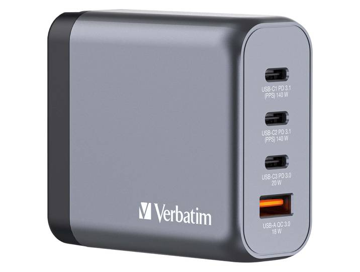 Verbatim Chargeur secteur 4 ports GAN - 1x USB-A et 3x USB-C Quick Charge Power Delivery 140W - Noir