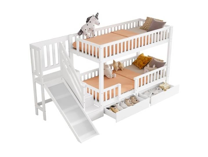 Lit Superposé 90x200 - Lit enfant avec Rutsche et 2 Tiroirs Lit Combiné en Bois Massif - Blanc