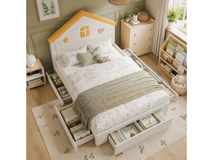 Norevia Lit enfant 140x200 cm beige lit cabane rembourré avec 4 tiroirs lit coffre en velours tête de lit maison