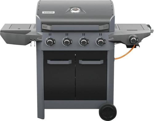Gasgrill TENNEKER Carbon TG-4 U mit 4 Brenner + Powerzone, gusseiserner Grillrost, Seitenablage mit GN-Behälter, Platfor