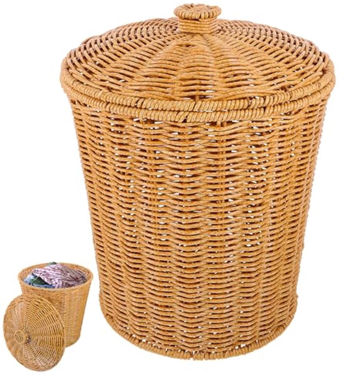 Boho Rattan Afvalbak met Deksel en Open Weefsel voor Slaapkamer of Badkamer