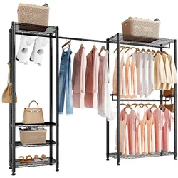 VEVOR Kleiderständer Garderobenständer mit 4 Kleiderstangen & 363 kg Tragkraft & 6 Regalen & 8 Haken, offener Kleiderschrank für Schlafzimmer Bekleidungsgeschäft Garderobe Flur Schwarz
