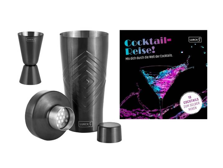 LURCH Cocktail Shaker & Rezeptbuch 3-teilig, 0.6 l, Smoke , silber (grau, smoke gray), Shaker, Cocktail Shaker