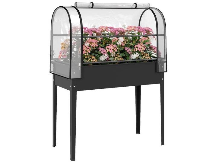ComfortXL Hochbeet De-07834 mit Gewächshaus-Aufsatz & Rolltür Schwarz, Metall, 100x136x49 cm, Gartenzubehör, Hochbeete