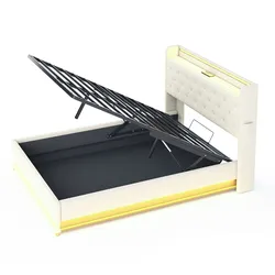 OKWISH LED-Polsterbett 140x200 cm mit USB, hydraulischem Stauraum, Metallrahmen, LED-Beleuchtung, verschleißfester Leinenstoff, modernes Doppelbett Beige