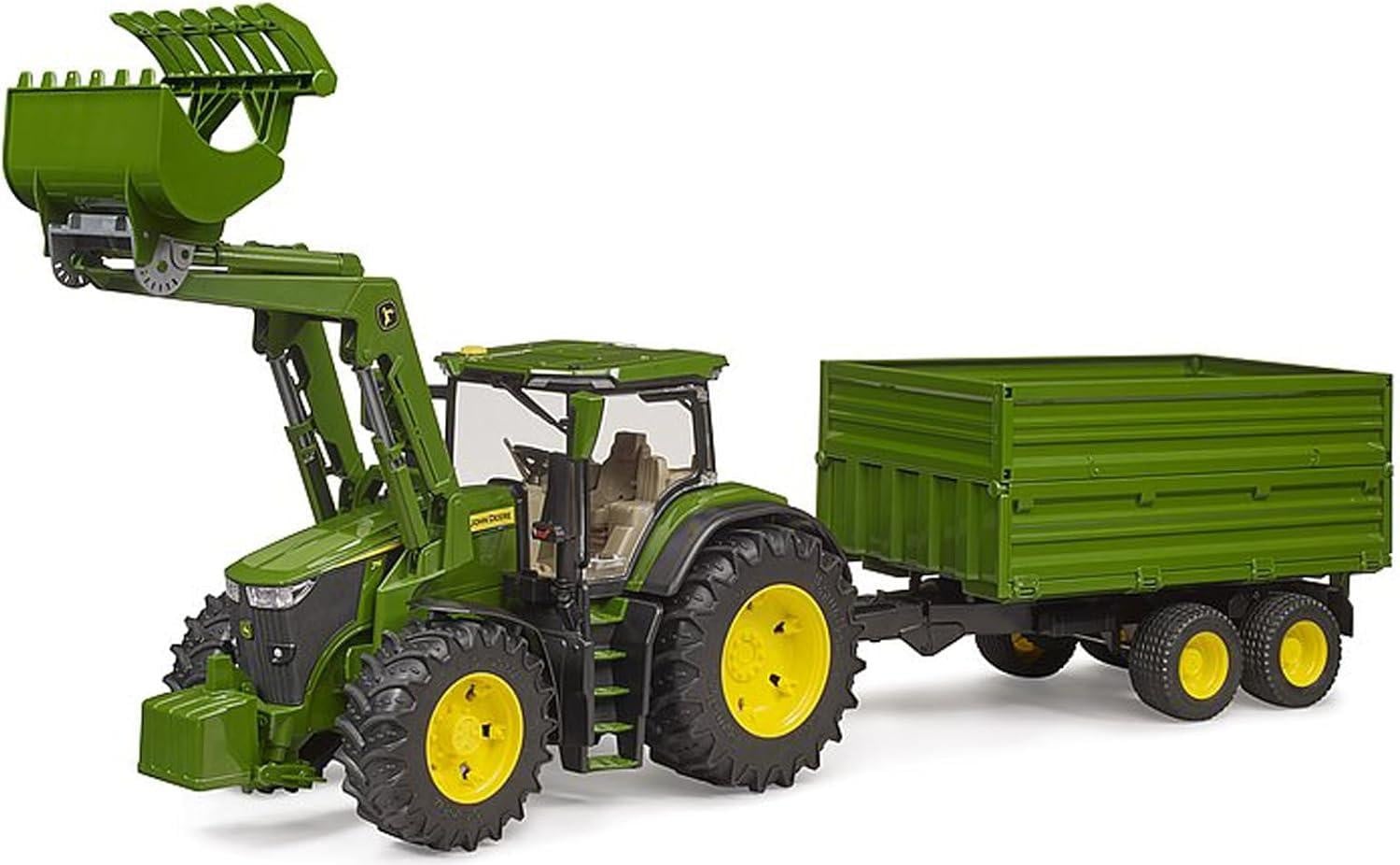Bruder John Deere 7R 350 met frontlader en tandemasser aanhanger groen