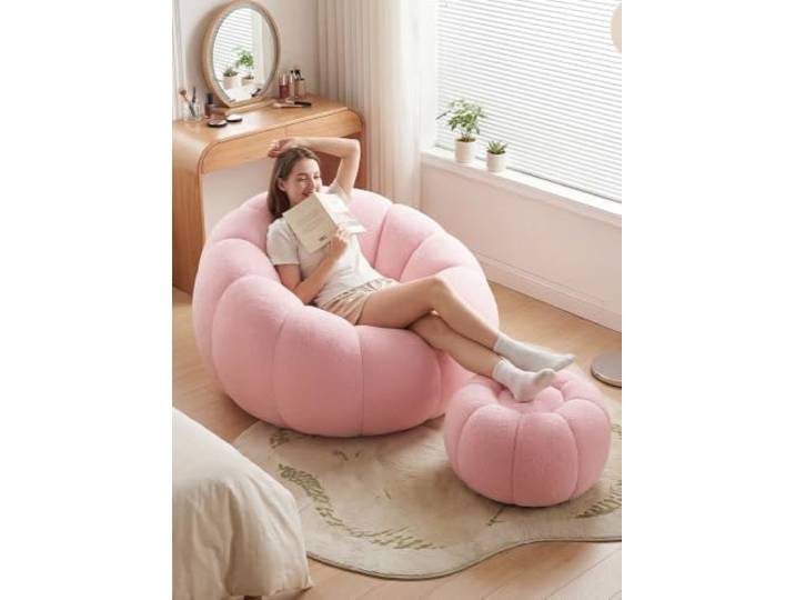 Übergroßer Couchstuhl in Kürbisform mit Fußhocker, riesiges Sitzsacksofa für Teenager und Kinder, bequemer, gemütlicher Loungesessel Wohnheim, Wohnung, Wohnzimmer, Schlafzimmer, gemütliche Rosa