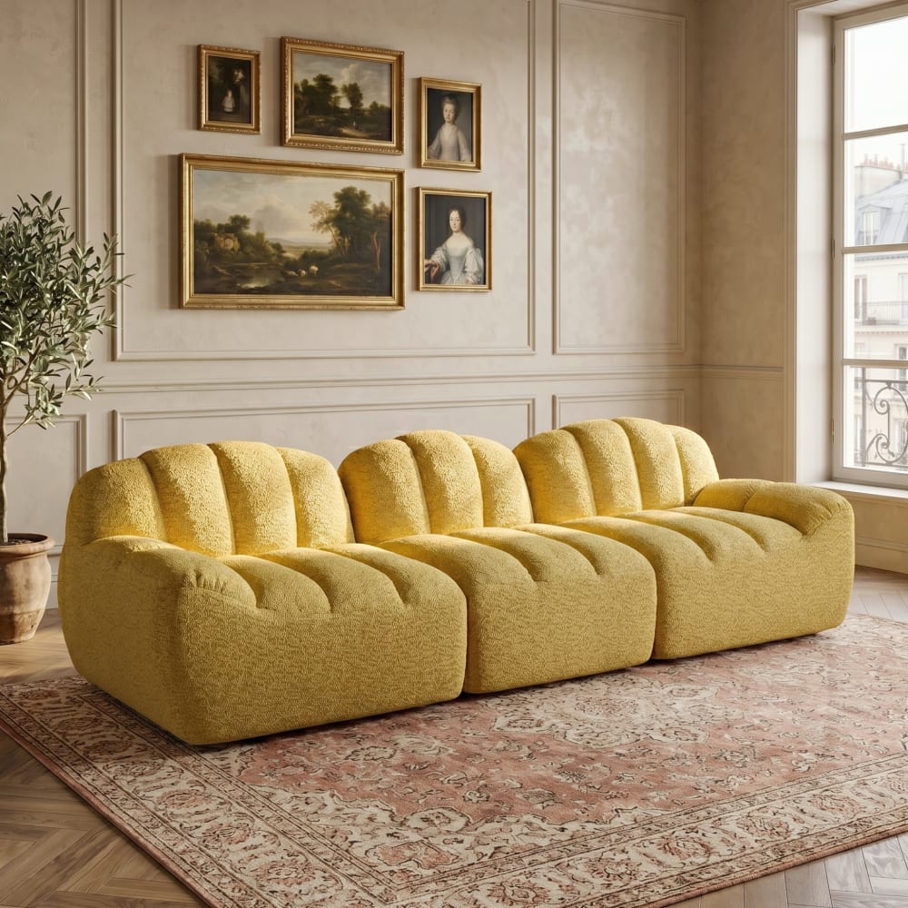 Urban Meuble Canapé modulaire 3 places jaune moutard avec pouf, tissu polaire Jaune 288x79x104cm