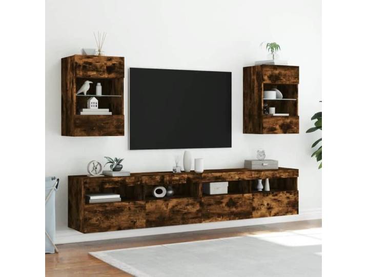 Meuble TV mural - KEENSO - 2pcs - Chêne fumé - Étagère en verre - Lumières LED RVB