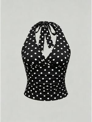 Daily Discovery Women's Halter Crop Top Backless Y2K Ruched Summer Going Out Top polka Dot Black l