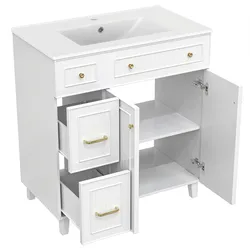 MODFU Stehender Badezimmerschrank mit Keramikwaschbecken 90x82x47, Freistehender Waschtisch mit Stauraum, MDF-Platten, weiß