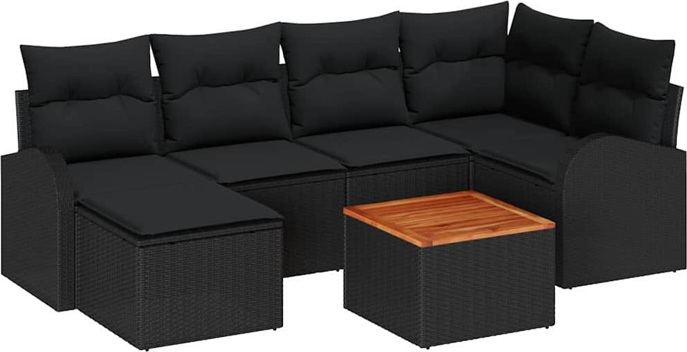 Modulares Gartenmöbel-Set für 9 Personen, Poly-Rattan & Akazienholz, wetterfest, UV-beständig, Schwarz, 7-teilig mit Sofa, Hocker & Tisch