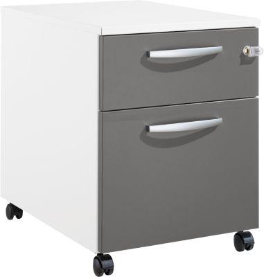 Schäfer Shop Pure Rollcontainer 36, Stahlkorpus, 2 Schubladen, extra hohes Stauraumfach, runde Metallgriffe, abschließbar, weiß/anthrazit