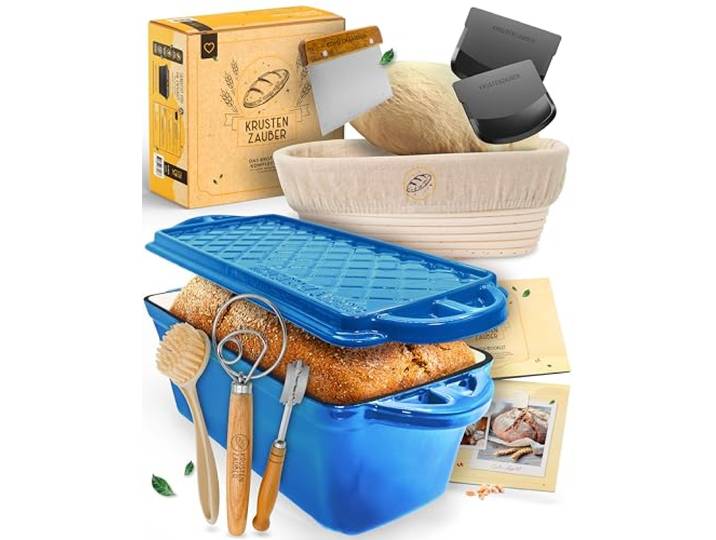 KRUSTENZAUBER Brotbackform aus Gusseisen im XXL-Set inkl. Brot back Zubehör Geschenkfertige Emaille Gussform mit Deckel samt Zubehör & Anleitung für den sicheren Einstieg und gelungenes Brot zu Hause