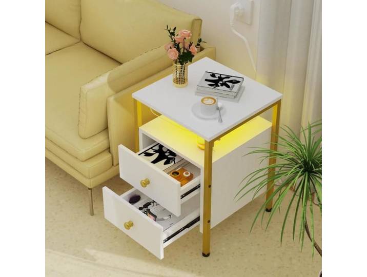 Table de chevet blanche - Table d'appoint avec prise et port USB - Facile à assembler -XJING