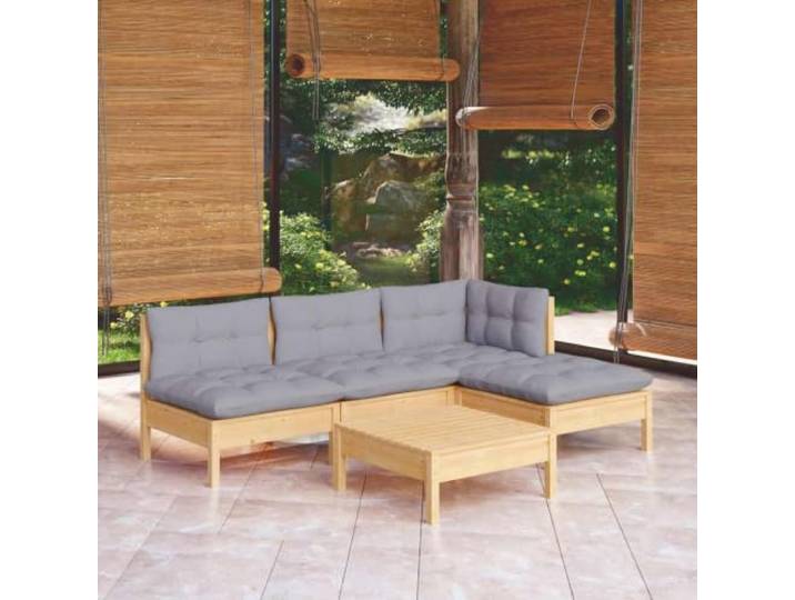 WDGJJFECNMUEHI Pin massif modulable 5 Pieces gris Salon de jardin 5 pcs bois pin avec coussins gris, ensemble modulable canapé extérieur étanche pour terrasse, patio, balcon,