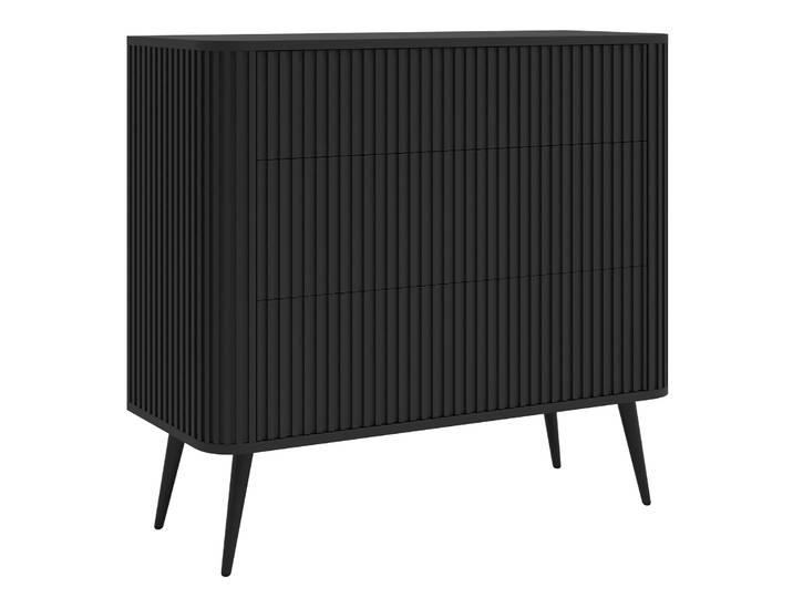 Kommode Ovarlo mit Fräsungen und drei Schubladen, 93 cm, schwarz
