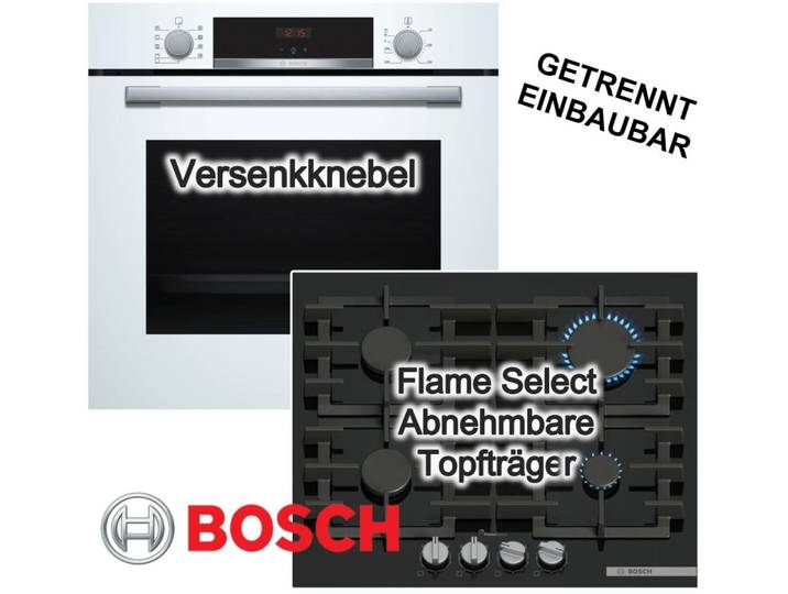 BOSCH Backofen-Set Gaskochfeld 60cm Weiß Schwarz 71l 3D Heißluft FlameSelect EcoClean A+, Hydrolyse