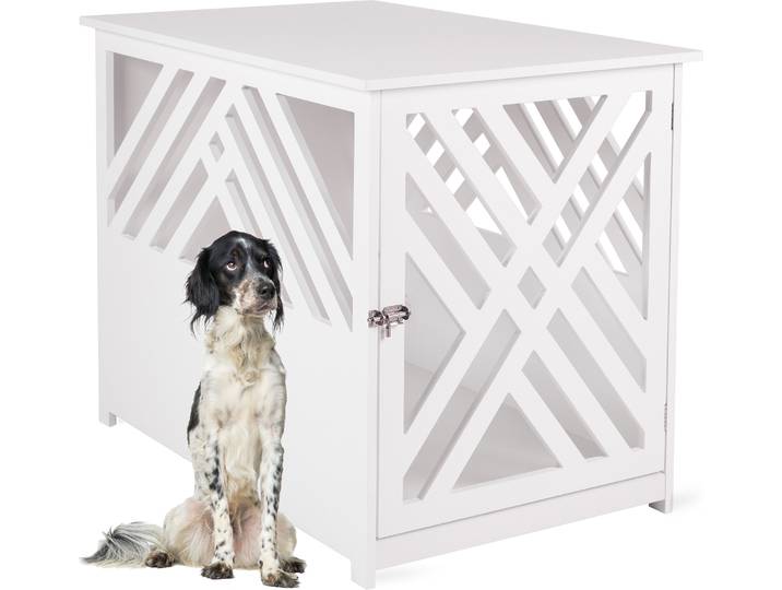 WONDERMAKE® Design Hundekäfig aus Holz für Zuhause Wohnung mit Beistelltisch, Hundebox fürs Wohnzimmer Indoor, 90x60 cm weiß