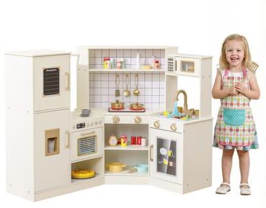 Costway Corner Kids Play Kitchen with Stoves with Lights and Sounds-Beige