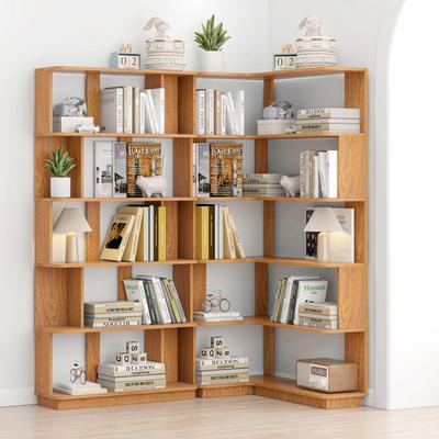 Set of 2 Modular Bookcase Set Wooden with Extended Corner Shelving and Customizable Open Storage by GDFStudio