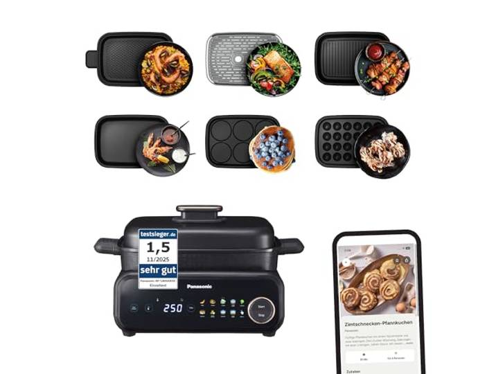 Panasonic NF-GM600 6-in-1 Elektro-Multikocher, Elektro Tischgrill, Testsieger 1.5, Plancha, Braten, Slow Cook, BBQ, Dämpfen, Sautieren, 1400W, 40–250 C, 9 Auto-Modi, 6 Antihaftplatten, Rauchabsaugung