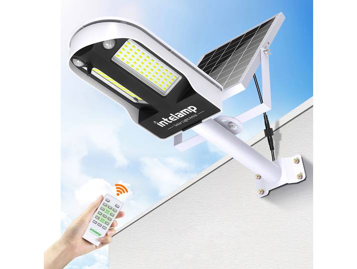 Lampe solaire extérieure Intelamp 12500mA, éclairage de sécurité avec grand panneau solaire, deux détecteurs de mouvement, étanche, connectable, pour jardin, cour, garage, montage sur poteau.