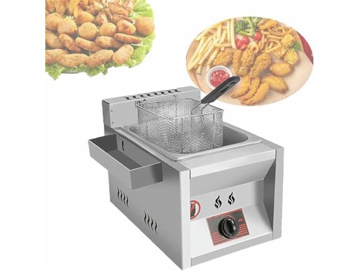 Tisch-Gasfritteuse mit Korb und Deckel, einstellbarer Temperaturregelung, Edelstahl, für Pommes frites, Donuts und Fisch