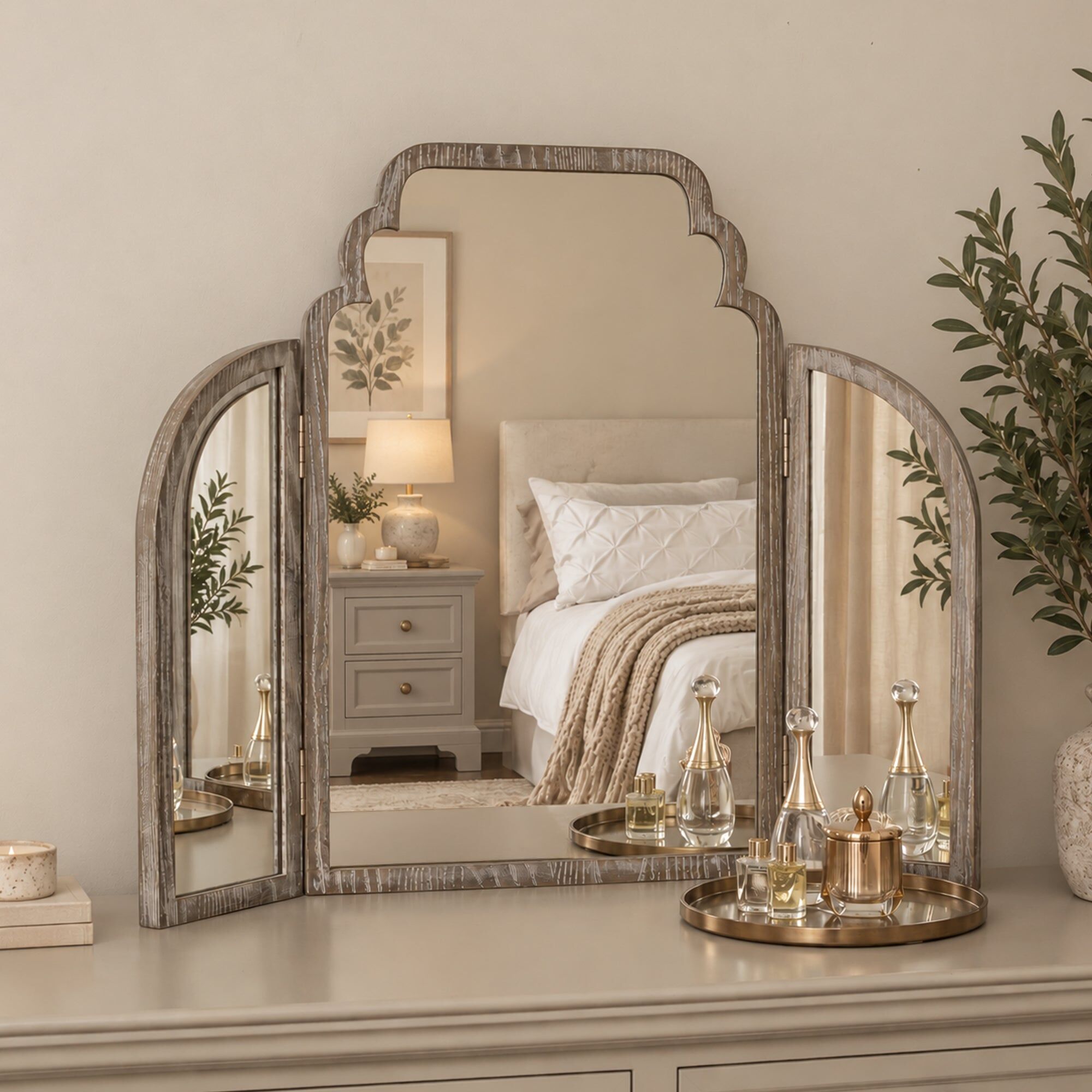 Light Ash Wood Arched Dressing Table Mirror Wood, Glass