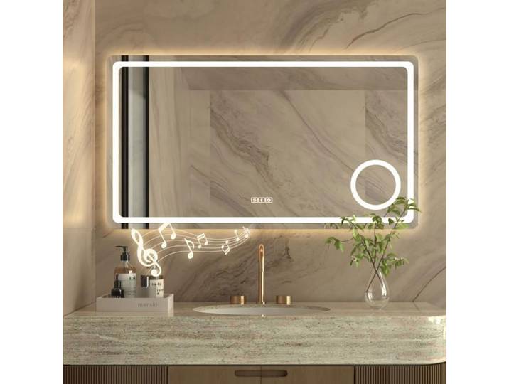 Miroir de Salle de Bain LED avec Lumières Bluetooth 120x70cm Loupe 3X Mémoire IP44 3 Mode de Lumières Dimmable Miroir Argenté