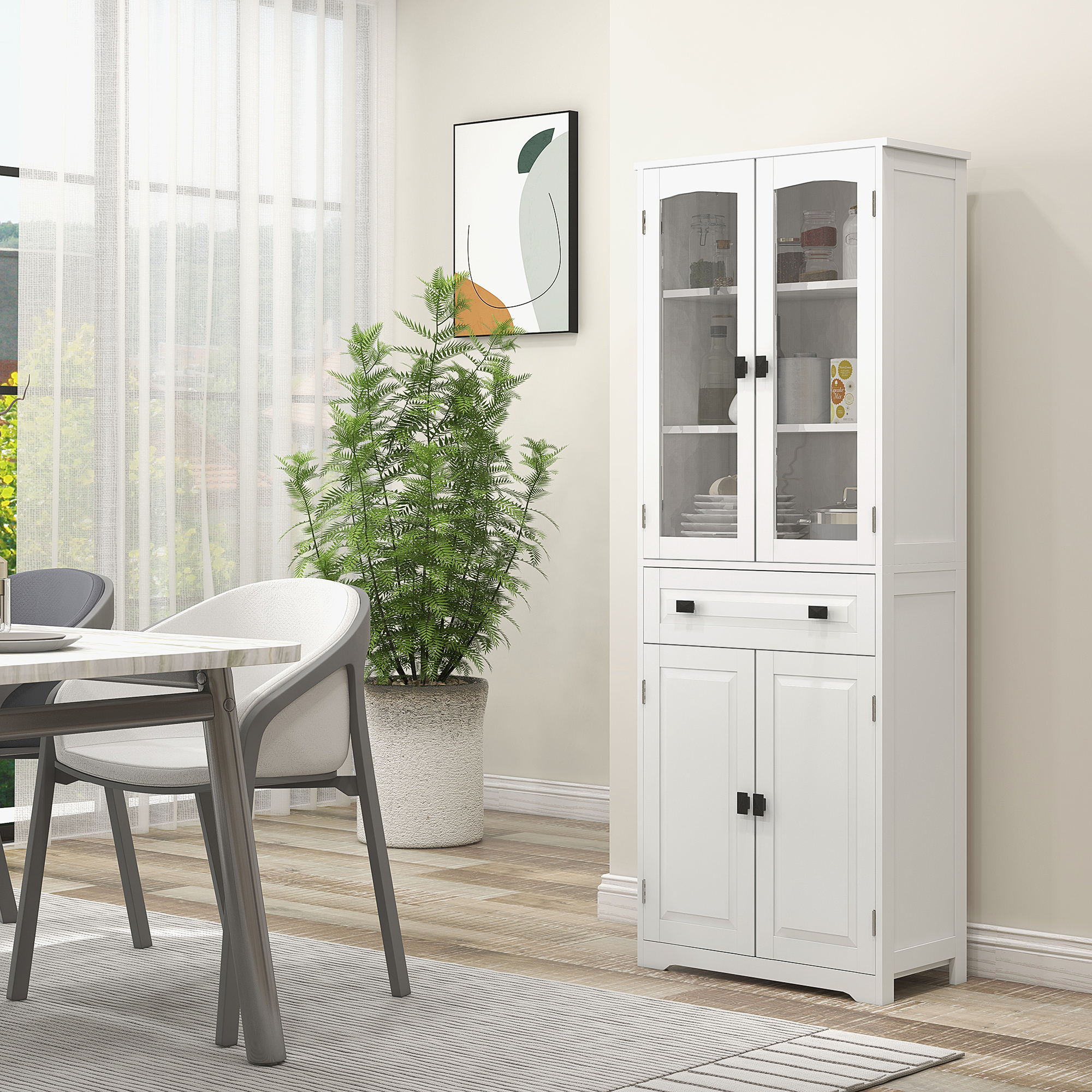 Homcom Credenza da Cucina Alta con 2 Armadietti e Cassetto, Ante a Vetri e Ripiani Regolabili, 60x30x160cm, Bianco
