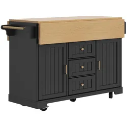 OKWISH Kücheninsel MDF Schwarz mit Metall, klappbare Tischplatte, Rollen, 120x40x95 cm