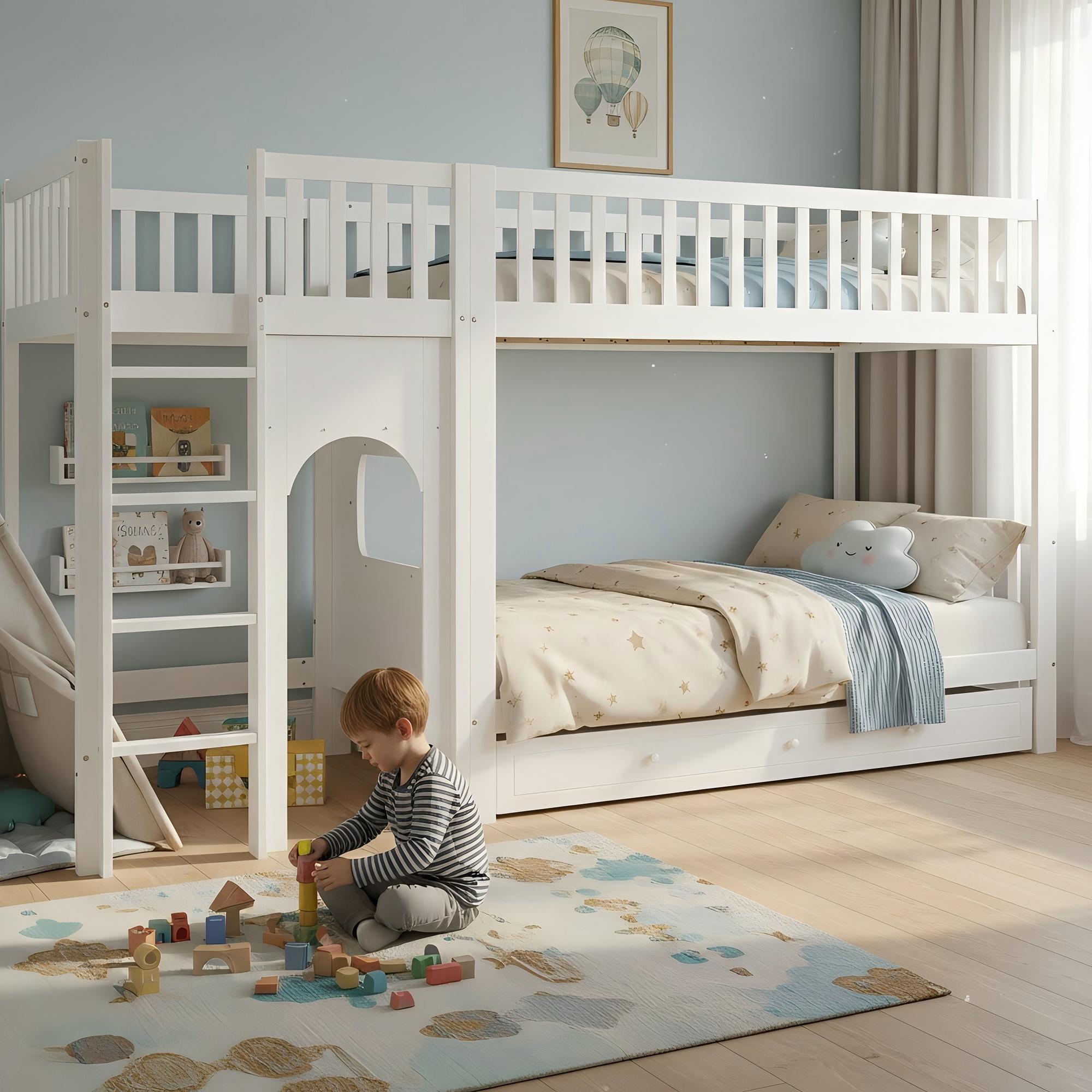 Merax Etagenbett 90x200cm mit Leiter und Geländer, Kinderbett aus Massivholz, Bogendesign platzsparend, stabiles Doppelbett mit Schublade, Weiß