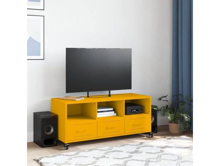 Kaorsrow TV-Schrank Senfgelb 100,5x39x43,5 cm Metall Lowboard mit Rollen Mobiles Fernsehmöbel aus Stahl mit 3 Schubladen und Ablagen für flexibles Umstellen im Wohnzimmer oder Schlafzimmer.