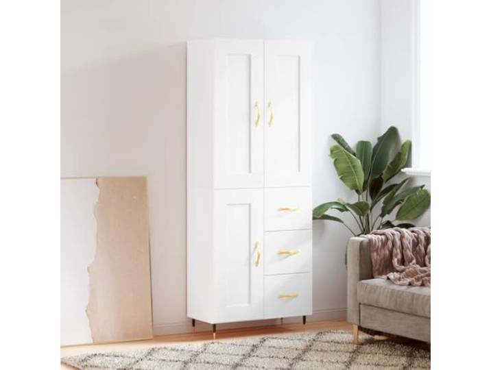 Elegantes Highboard mit Metallfüßen aus langlebigem Holzwerkstoff in Weiß – Modernes Design Schrank mit viel Stauraum für das Wohnzimmer und Sicherheitshinweis zur Wandmontage